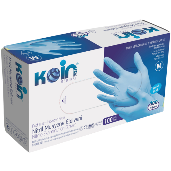 Koin Nitril Pudrasız Muayene Eldiveni Mavi M 100 lü Paket