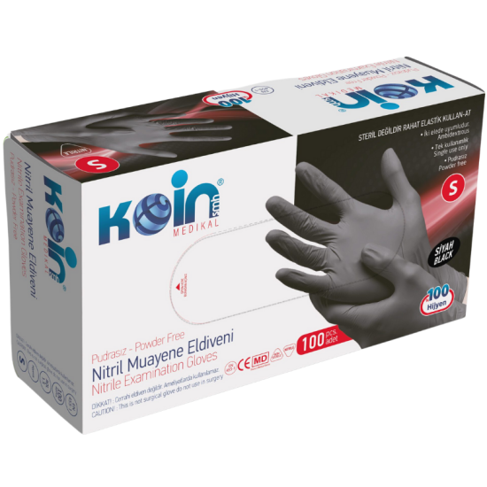 Koin Nitril Pudrasız Muayene Eldiveni  Siyah S 100 lü Paket