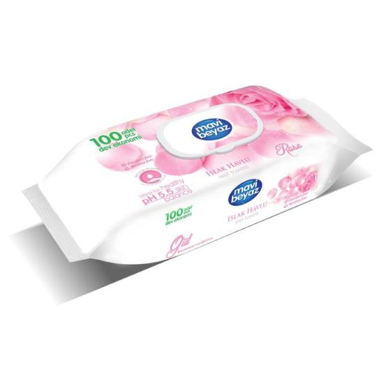 Mavi Beyaz Islak Havlu Çiçek Seri Gül 90 lı Paket